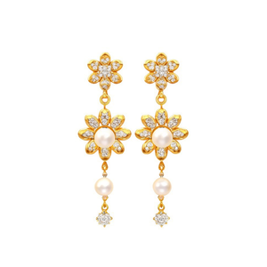 Pendientes Clásicos Dorados Tipo Huggie con Circonita y Perla, Diseño de Flor de Moda, Colgantes para Fiestas - 11058828GL - Product Image 2