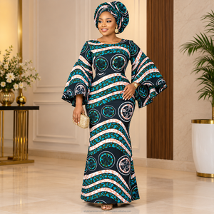 Black Teal Premium African Wax Print Ankara Fabric with Circular Wave Pattern for Women Dressmaking - Product Image 2