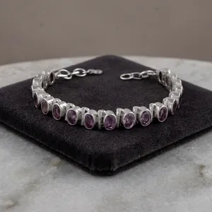 Bracelet tennis en argent sterling 925 avec pierres d'améthyste serties clos, style classique unisexe, bijou de mode, cadeau - Product Image 2