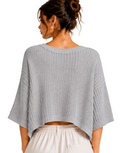 Pull court en maille gris pour femme, coupe ample, manches courtes, respirant, léger, décontracté, tendance, pour l'été - Product Image 2
