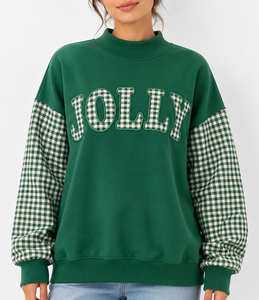 Sudadera personalizada para mujer con cuello simulado, mangas con patchwork de guinga, letras bordadas y apliques, estilo holgado, fabricante - Product Image 1
