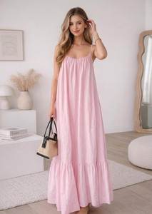 Robe longue rose à fines bretelles, coupe ample, ourlet à volants, en coton, décontractée, pour l'été - Product Image 1