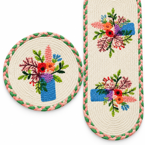 Ensemble de sets de table rectangulaires en jute écologique personnalisables, style campagnard, motif vase floral, bordure tressée, vente en gros - Product Image 2