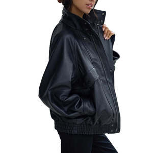 Oversized Women's Black <b>Leather</b> Jacket Genuine Cowhide High Neck Moto Streetwear Bomber Coat Winter Solid Zipper Windproof - Product Image 2