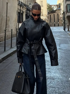 Women's Slim Fit Black PU Leather <b>Bomber</b> <b>Jacket</b> Windproof Turn-Down Collar Zipper Closure Regular Sleeve <b>Vintage</b> Autumn Front - Product Image 6