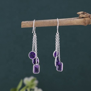 Pendientes Largos de Amatista Natural con Cadena, Plata de Ley 925, Pendientes de Gancho con Cadena, Joyería al por Mayor para Mujer - Product Image 5