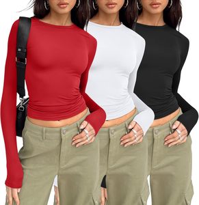 เสื้อครอปท็อปผู้หญิงคุณภาพพรีเมียม สีพื้น แขนยาว คอกลม ผ้าถัก ทรงเข้ารูป สวมใส่สบายทุกฤดู ผลิตจากผ้าผสมสแปนเด็กซ์และโพลีเอสเตอร์ - Product Image 3