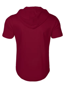 Men's Hooded Henley T-Shirt Short Sleeve Solid Color Regular Fit Casual Knitted Pullover 100% Cotton 200g Back Neck Logo Maroon - Product Image 2