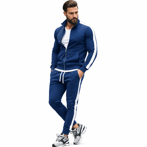 Ensemble de survêtement décontracté pour homme avec col montant, veste d'entraînement imprimée et pantalon de survêtement en polyester, idéal pour l'hiver, avec fermeture éclair - Product Image 1