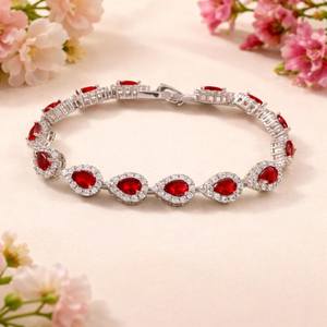 Bracelet en rubis naturel pour la Saint-Valentin, coupe poire, or blanc 18 carats, pierre précieuse rouge de luxe, cadeau pour femme, anniversaire - Product Image 1