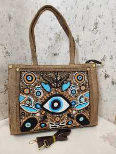 Bohemian Eye Design Jute Casual Tote Bag with Floral Embroidery Zipper Closure Large Capacity Shoulder <b>Strap</b> for Shopping - Product Image 3