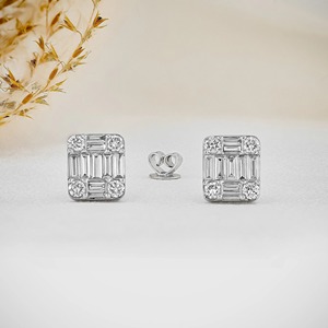 Boucles d'oreilles géométriques avec diamants taille émeraude et taille brillant rond, en alliage d'or blanc 10K, bijoux de mariage classiques pour femmes - Product Image 2