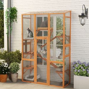 Grande Recinto Esterno in Legno per Gatti con 6 Piattaforme Salto, 2 Rampe, per 2-3 Gattini, per Uso in Giardino, Include Tiragraffi e Albero per Gatti - Product Image 2