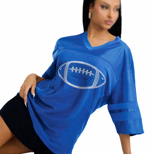 Maillot de football américain pour femme en maille bleue de qualité supérieure, avec graphique en strass, coupe oversize, en polyester, personnalisable, pour fans, T-shirt de sport - Product Image 4