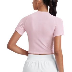 <b>Light</b> Pink Crew <b>Neck</b> Women Yoga Crop Tops Nylon Spandex Breathable Ultra Soft High Support Fitness Exercise Yoga Tops - Product Image 2
