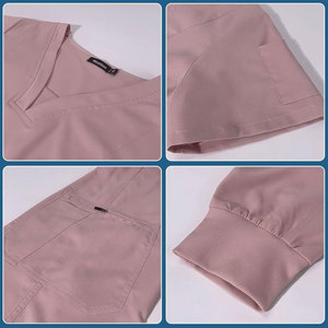 Ensemble de tenue médicale rose pour femme, col en V, manches courtes, pantalon, en tissu tissé coton-polyester, détection par aiguille - Product Image 4