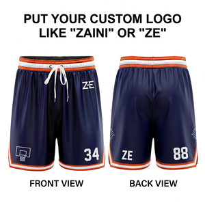 Shorts de basketball pour hommes en maille polyester 140g de qualité supérieure, bleu marine moyen, avec bande latérale blanche, motif monstres de dessin animé numérique personnalisé, élastique - Product Image 6
