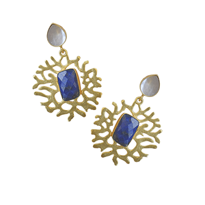 Pendientes colgantes hechos a mano de lapislázuli con madreperla, chapados en oro - Product Image 4