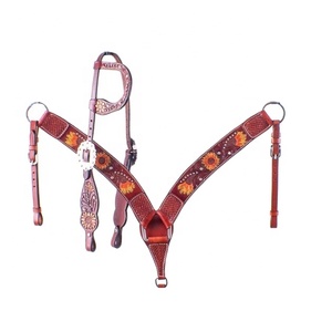 Calidad superior 100% cuero genuino Western Tooled One Ear Headstall & Breast Collar Set Fabricante al por mayor Proveedor - Product Image 1