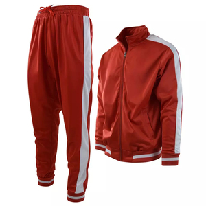 Survêtement unisexe rouge uni à manches longues avec fermeture éclair, col montant, respirant, coupe classique, automne, adultes, 100% polyester - Product Image 1