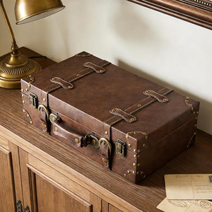 Vintage Leather & Wood <b>Storage</b> Box Compact Decorative <b>Suitcase</b> Chest with Classic Design Perfect for Keepsakes Leather Trunk Box - Product Image 5