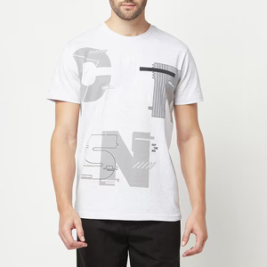 เสื้อยืดแขนสั้นสีขาวสำหรับผู้ชาย พิมพ์ลายตัวอักษรสีเทา คอกลม ทรงปกติ ผ้าเจอร์ซีย์ลำลอง ผ้าฝ้าย - Product Image 1