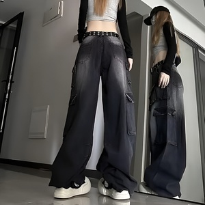 Mid Waist Stonewashed Cargo Jeans Plus Size Women Loose Fit Knee Length Polyester Summer <b>Y2K</b> <b>Streetwear</b> with Pockets - Product Image 5
