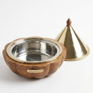 Ensemble de plats de service en teck cannelé de style arabe, ensemble de tajines et casseroles en métal élégant et luxueux pour l'hôtellerie haut de gamme et les cadeaux festifs - Product Image 3