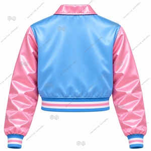 Chaqueta Bomber Personalizada al por Mayor de Jack and Jill of America para Mujer, Chaqueta Varsity Corta de Satén Bordada en Azul Bebé y Rosa - Product Image 4