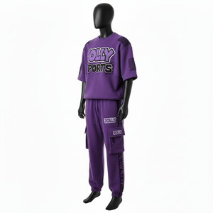 Ensemble t-shirt et pantalon cargo en coton gaufré respirant violet, avec t-shirt à manches bouffantes et logo personnalisé, pour homme - Product Image 1