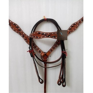 Têtière et harnais en cuir marron avec design floral en cristal noir et transparent, finitions en acier inoxydable, équipement d'équitation western réglable - Product Image 3
