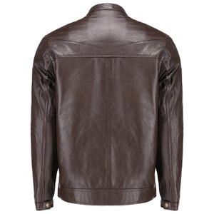 Men's Dark Brown Leather Moto Jacket Stand Collar Zipper Closure Slim Fit Autumn Wear - Product Image 6