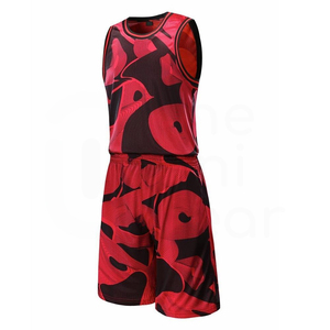 Conjunto de Camiseta de Baloncesto Sublimada con Diseño Geométrico Rojo y Negro para Hombre, Sin Mangas, de Malla Transpirable, con Pantalones Cortos con Cordón Ajustable, Corte Regular - Product Image 1