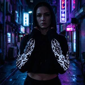 Sudadera con Capucha de Algodón Francés de Alta Calidad, 400 g/m², con Estampado Gráfico Reflectante Personalizado en la Parte Delantera, para Mujer, Invierno - Product Image 4