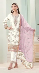 Dhwaja Export <b>White</b> Fox Georgette Semi Stitched <b>Suit</b> With Embroidery Sequence Work - Product Image 2
