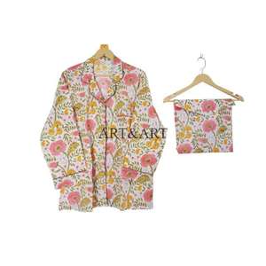 Ensemble de pyjama pour femmes en coton imprimé numérique à fleurs, 3 pièces, 100% coton, taille élastique, manches longues, style vintage, fabrication artisanale indienne - Product Image 6