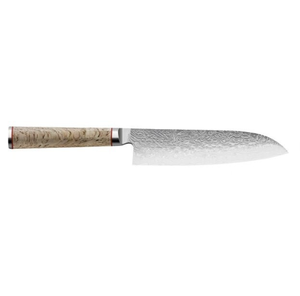 Ensemble de couteaux de cuisine à manche brun clair avec lames à motifs argentés, bloc en bois et ciseaux pour trancher, hacher et préparer les aliments - Product Image 1