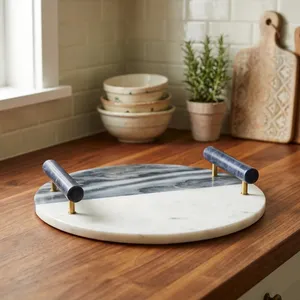 Round Marble Serving Tray with <b>Black</b> Metal Handles Modern Stone Platter Decorative Kitchen Coffee Table Centerpiece Home Decor - Product Image 2