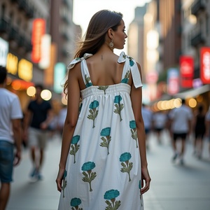 Robe longue sans manches en coton avec bretelles décolleté carré bleu vert imprimé floral fluide coupe ample décontracté été - Product Image 1