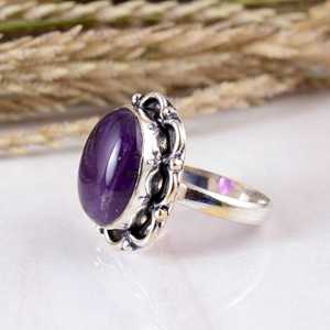 Handmade Purple Amethyst Oval Bezel Setting Sterling <b>Silver</b> Floral Border Design <b>Boho</b> & Hippie Wedding Party <b>Ring</b> Unisex - Product Image 3