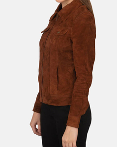 Veste en daim marron de qualité supérieure pour femmes, style trucker, manches longues, fermeture éclair, col rabattu, style automne, longueur normale - Product Image 3