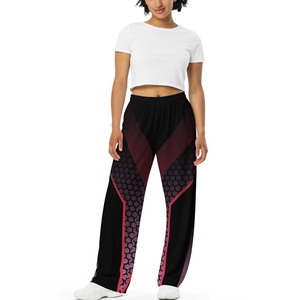 Pantalon de jogging pour femme à imprimé géométrique, coupe large, taille élastique, longueur intégrale, en maille extensible, style sportswear, design dégradé noir et rouge - Product Image 1
