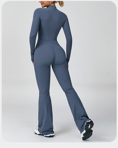 Brown Full Length Flared Leg <b>Jumpsuit</b> With Quarter Zip High Waist Seamless Four Way Stretch Yoga Set - Product Image 2