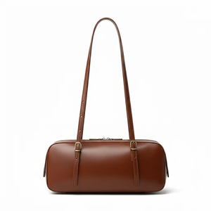 Sac cylindrique en cuir marron de luxe, bandoulière réglable, design vintage tendance, motif géométrique, doublure en polyester, fermeture éclair - Product Image 5