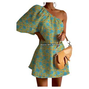 Vestido de Algodón de Alta Calidad con Estampado Artesanal, Un Hombro Descubierto y Manga Abullonada, Ideal para Bodas y Eventos de Lujo - Product Image 6