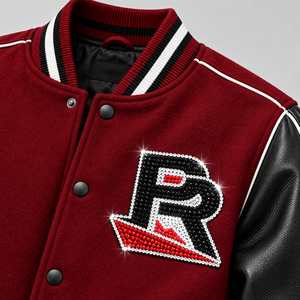 Chaqueta universitaria personalizada para hombre, estilo cheerleading, con letras de diamantes de imitación y mangas de cuero premium. La mejor calidad, último diseño. - Product Image 5