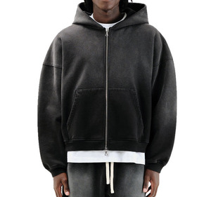 Sudadera con capucha de algodón de 400 g/m² para hombre, con hombros caídos, corte holgado, cremallera, lavado ácido, peso pesado, personalizada - Product Image 5