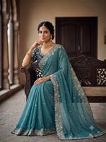 Sari de luxe en soie Georgette épaisse avec broderie au fil et travail Zari, réversible, protection solaire, design pour occasions de mariage