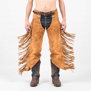 Chaps en cuir véritable pour homme, style western décontracté, taille haute, coupe régulière, avec franges, fermeture à boucle, poche en cuir pour l'équitation - Product Image 3