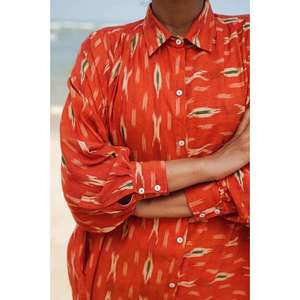 เดรสผ้าฝ้ายพิมพ์ลายอิคัตสีส้มสำหรับผู้หญิง สวมใส่สบายๆ ชายหาด แขนยาว สไตล์คุรติ - Product Image 6
